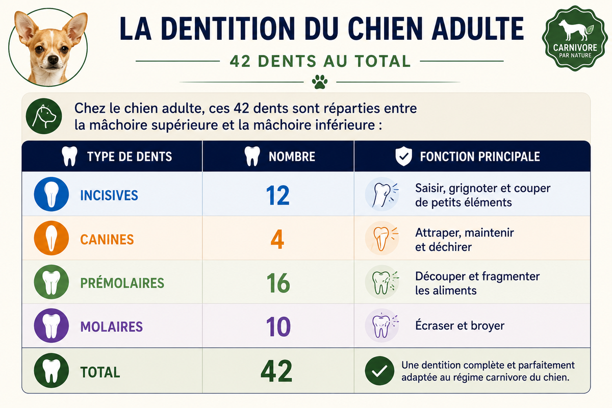 Infographie de la dentition du chien adulte : 42 dents réparties en 12 incisives, 4 canines, 16 prémolaires et 10 molaires.