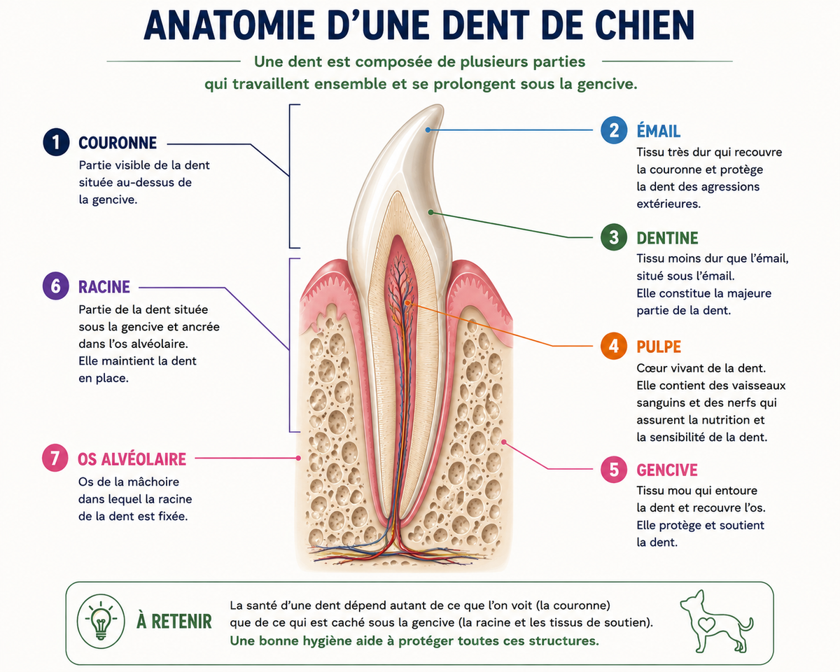 Anatomie d’une dent de chien montrant la couronne, l’émail, la dentine, la pulpe, la gencive, la racine et l’os alvéolaire.