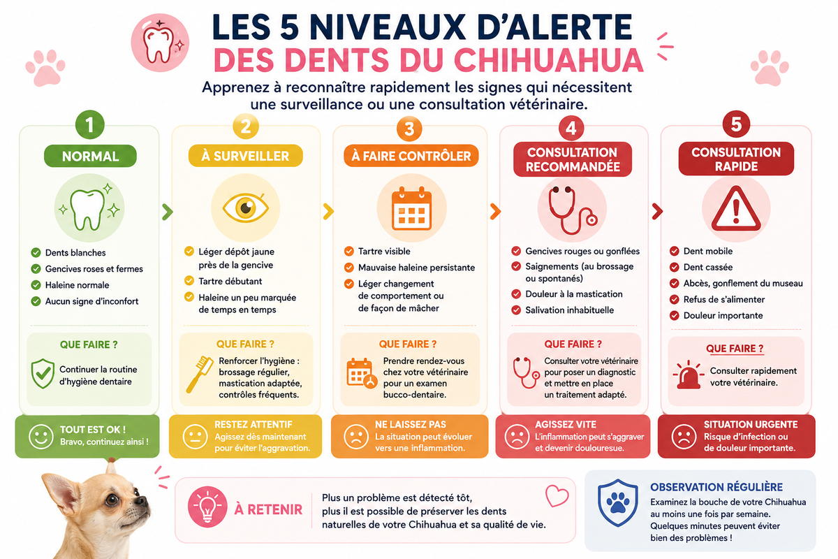 Grille d'orientation des cinq niveaux d'urgence des signes dentaires chez le chien