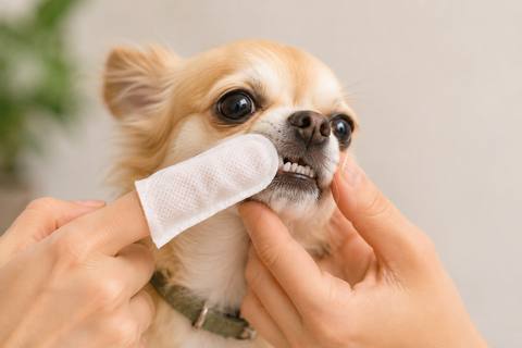 Frotter délicatement les dents du chien avec la lingette Wazibou